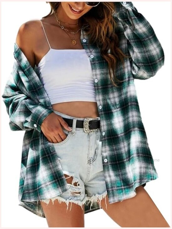 Tops - Oversized Flannel Plaid Button Down Shirt Blouse Top